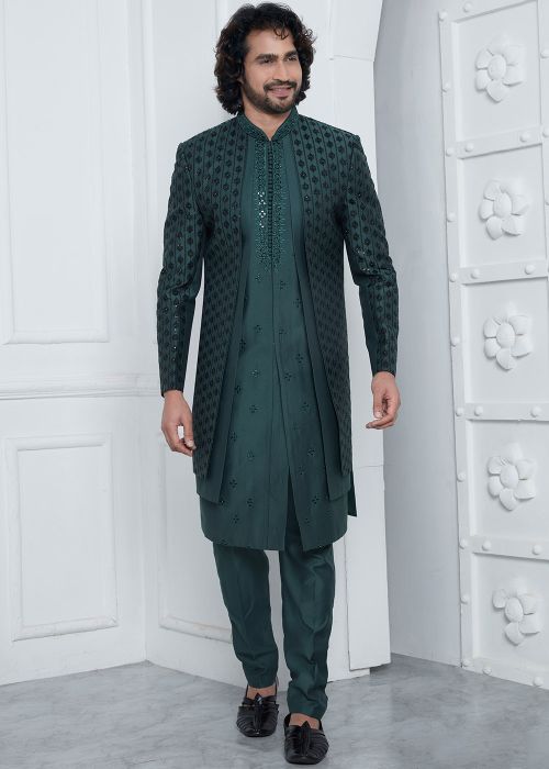 Green Embroidered Men Indo Western Sherwani
