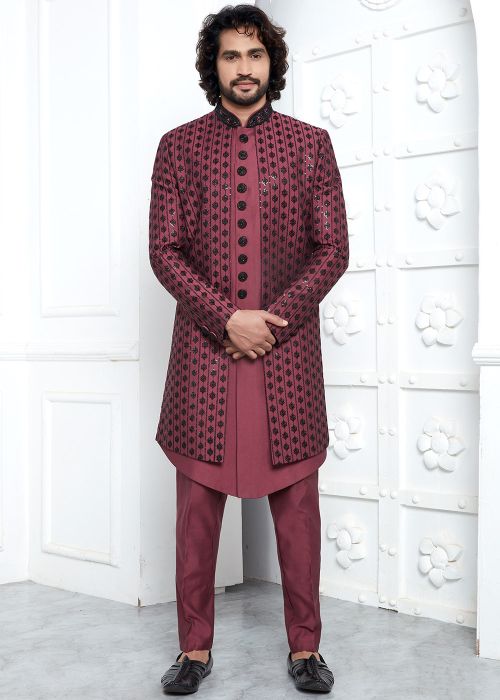 Maroon Embroidered Indo Western Sherwani In Art Silk
