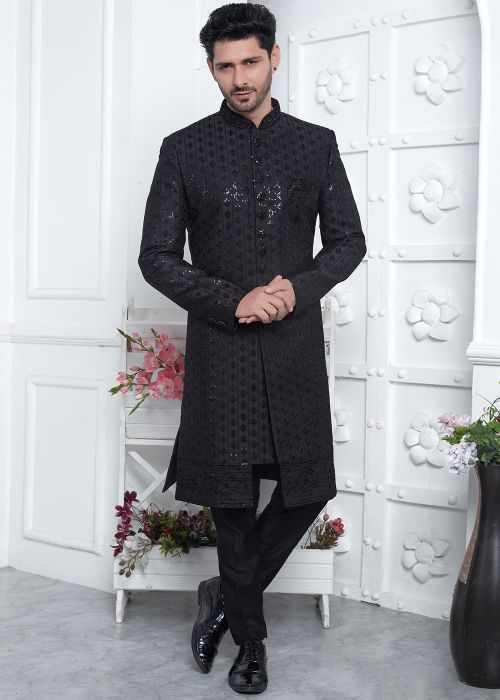 Black Embroidered Art Silk Indo Western Sherwani