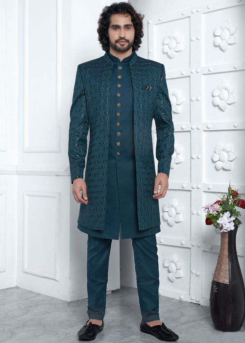 Green Embroidered Men Indo Western Sherwani