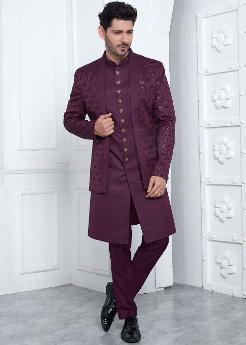 Wine Embroidered Men Indo Western Sherwani