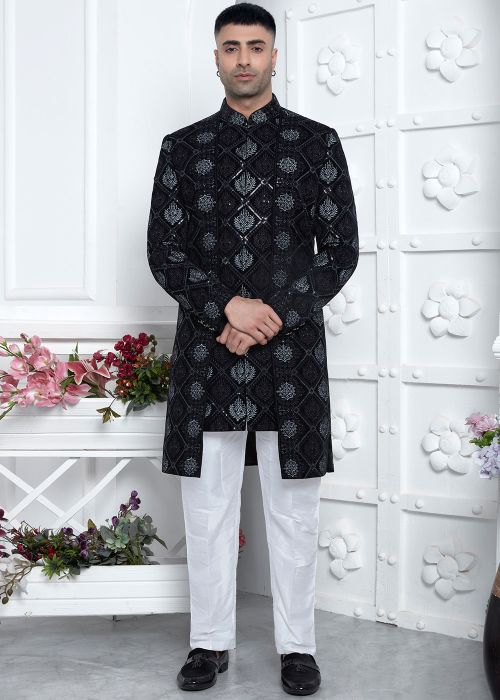 Black Embroidered Men Indo Western Sherwani