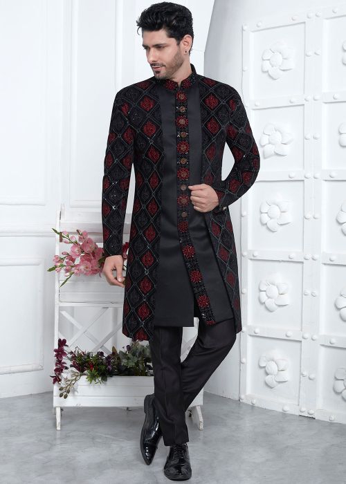 Black Embroidered Indo Western Sherwani In Velvet