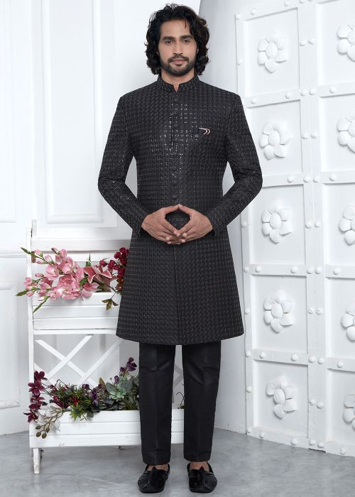 Black Embroidered Men Indo Western Sherwani