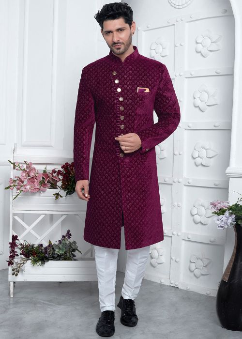 Magenta Embroidered Velvet Indo Western Sherwani