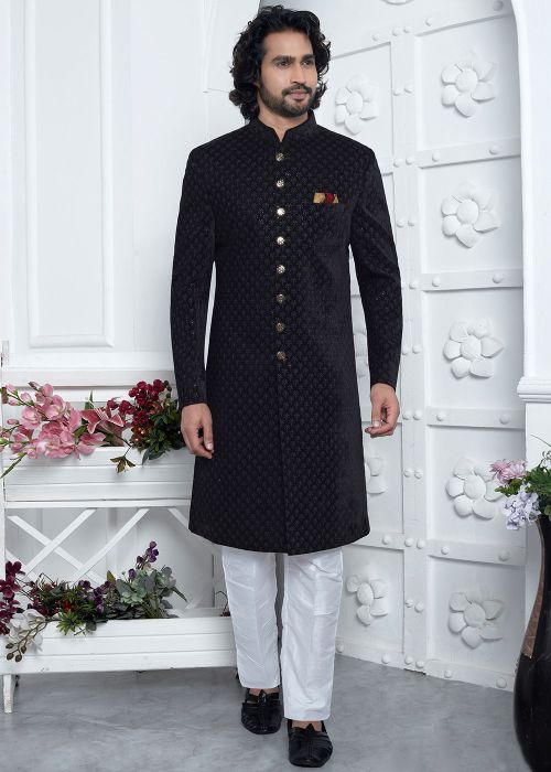 Black Embroidered Velevet Indo Western Sherwani