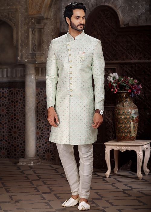 Pista Green Woven Indo Western Sherwani In jacquard