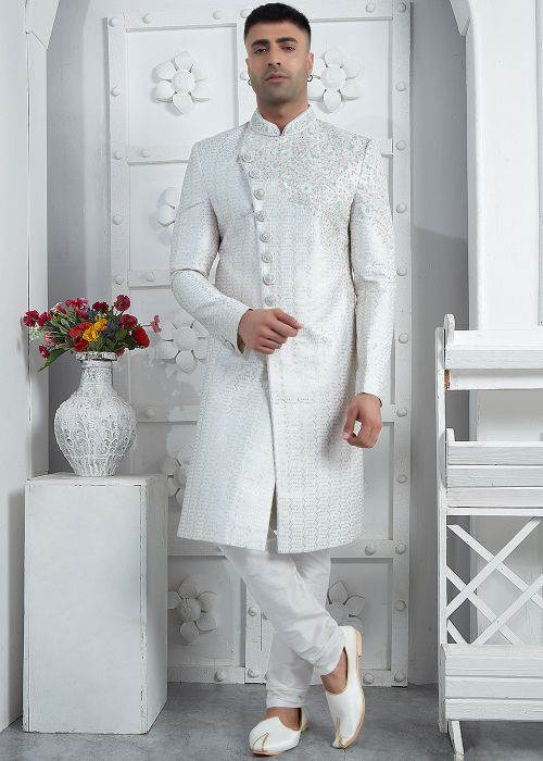 White Embroidered Men Indo Western Sherwani