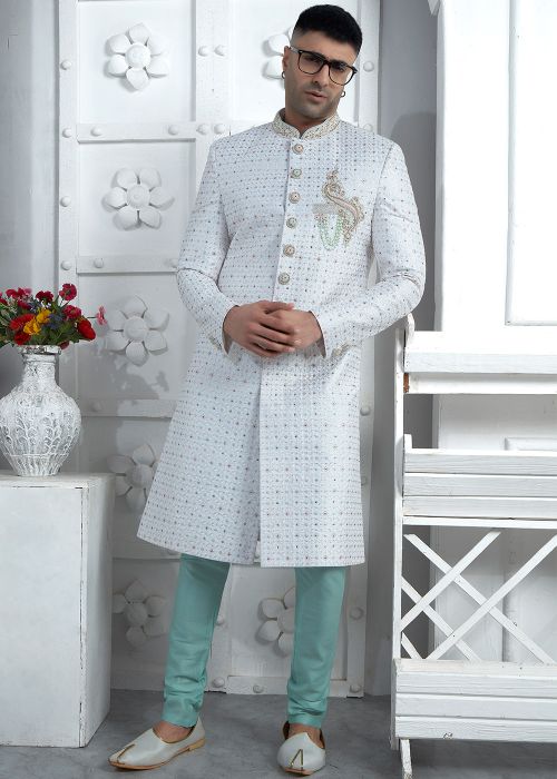 White Embroidered Men Indo Western Sherwani