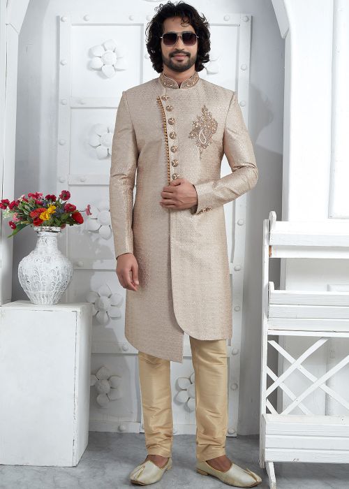 Beige Embroidered Indo Western Sherwani In Georgette