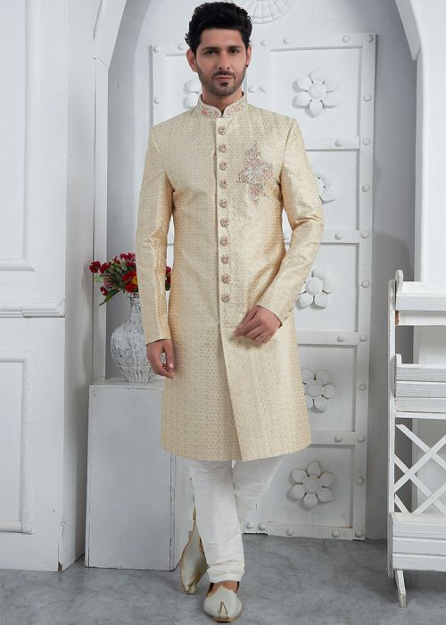 Cream Embroidered Indo Western Sherwani