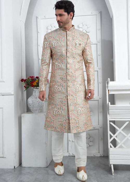 White Embroidered Men Indo Western Sherwani