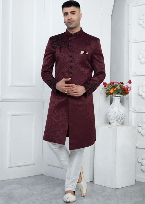 Maroon Embroidered Art Silk Indo Western Sherwani