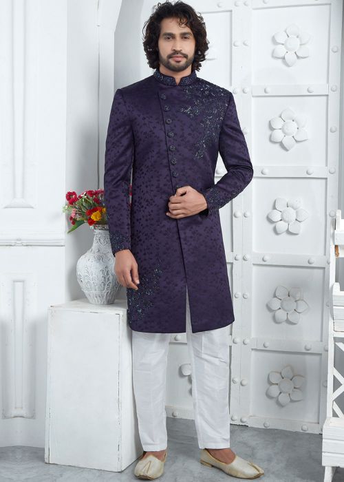 Purple Embroidered Art Silk Indo Western Sherwani