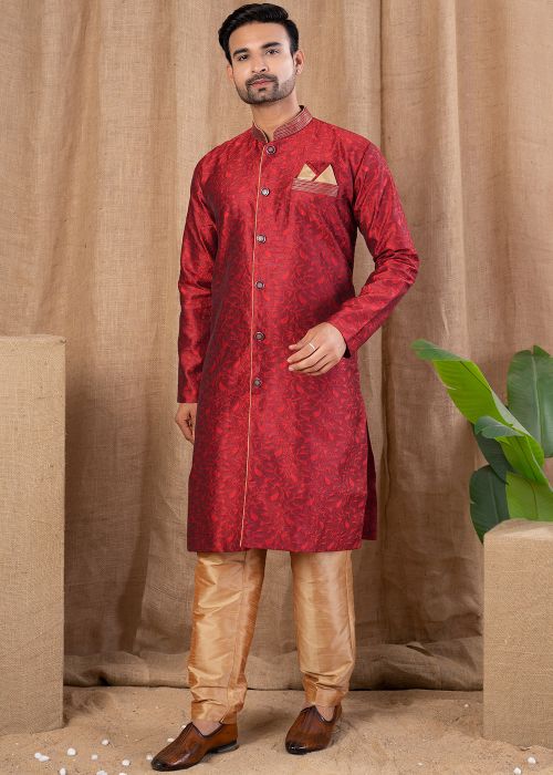 Maroon Woven Men Indo Western Sherwani Set