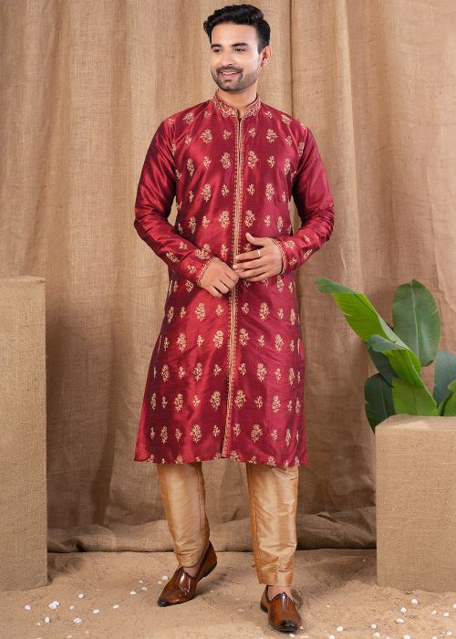 Maroon Embroidered Indo Western Sherwani