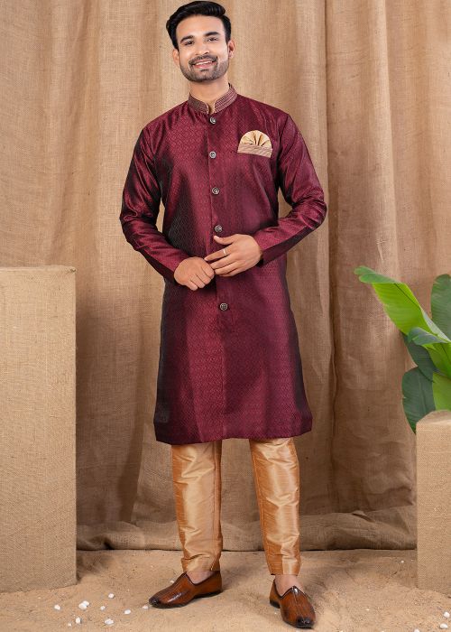 Maroon Men Woven Indo Western Sherwani
