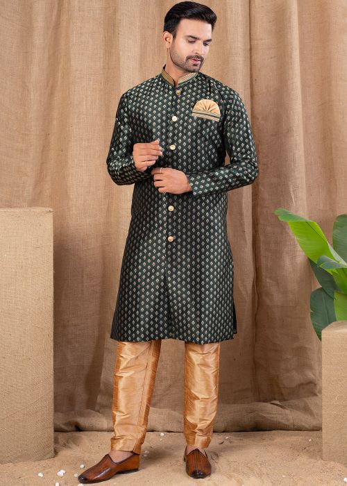Dark Green Men Indo Western Sherwani In Woven Work
