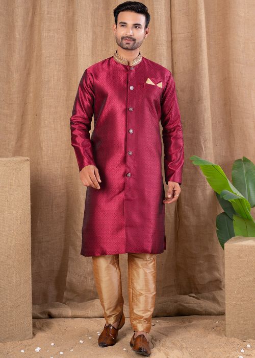 Maroon Indo Western Sherwani In Woven Work