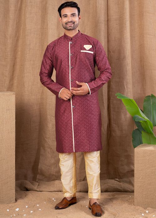 Readymade Maroon Woven Indo Western Sherwani