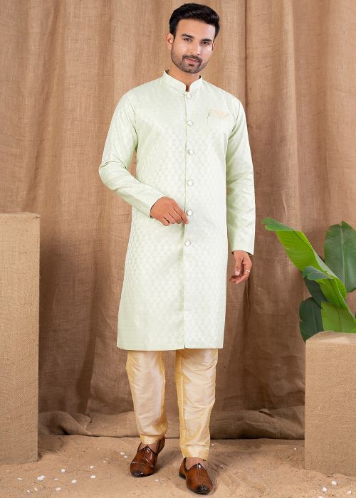 Pista Green Woven Indo Western Sherwani Set