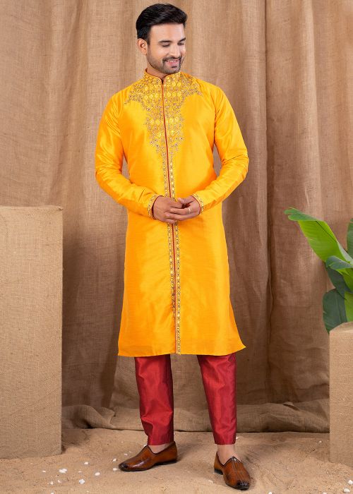 Readymade Yellow Embroidered Indo Western Sherwani