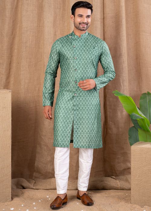 Green Printed Indo Western Sherwani Set