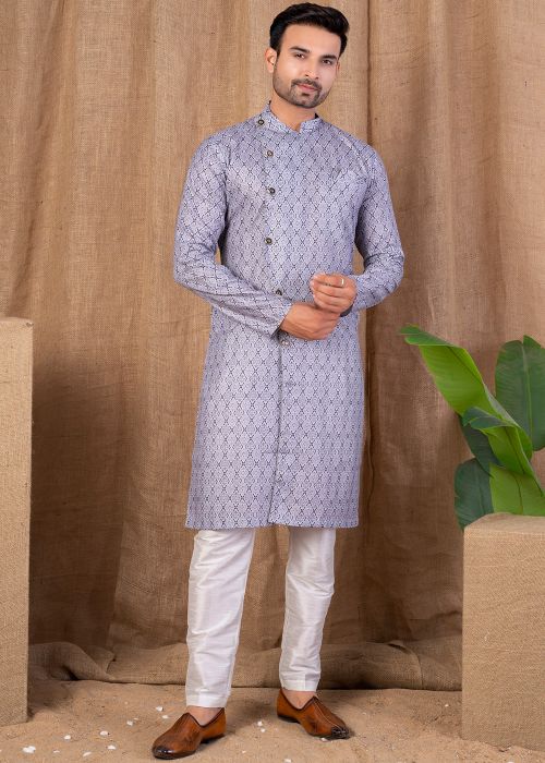 Men Grey Printed Indo Western Sherwani Set
