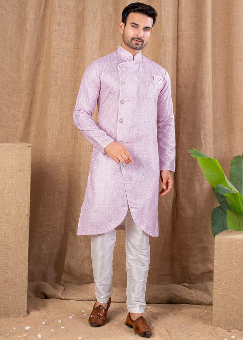 Light Pink Men Printed Indo Western Sherwani Set
