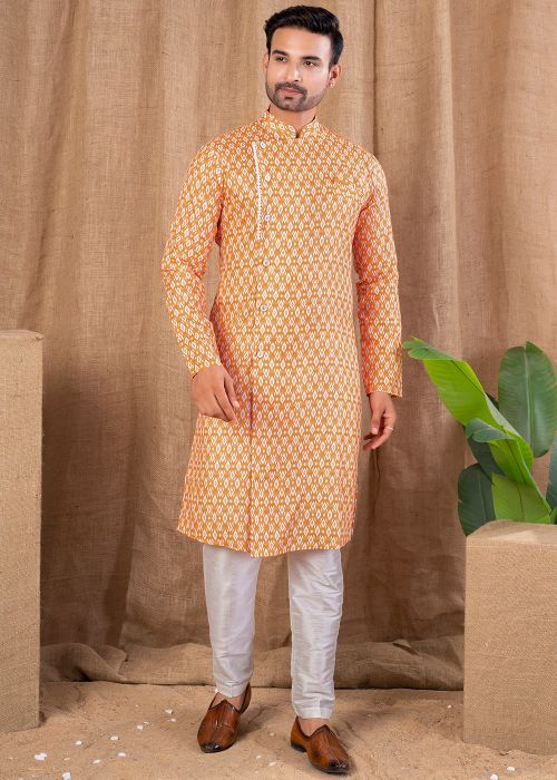 Orange Men Printed Indo Western Sherwani Set