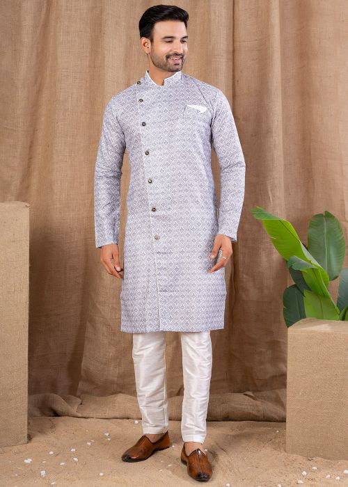 Grey Printed Indo Western Sherwani Set