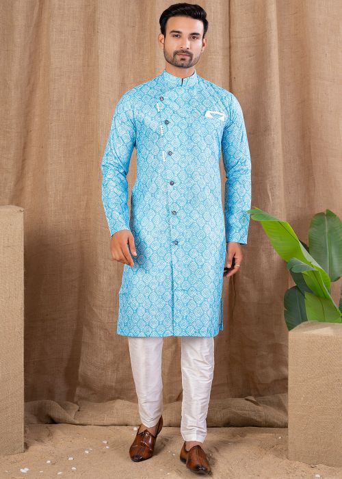 Sky Blue Men Printed Indo Western Sherwani Set