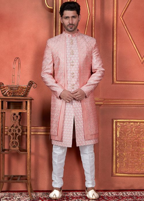 Pink Embroidered Indo Western Sherwani Set
