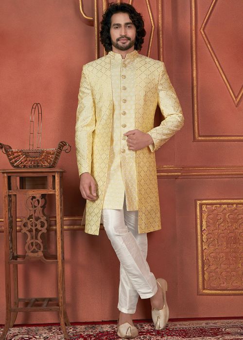 Yellow Embroidered Men Indo Western Sherwani