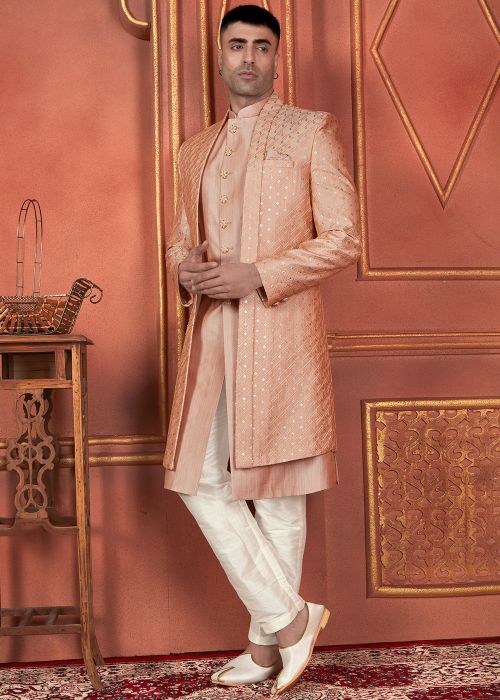 Light Orange Embroidered Indo Western Sherwani