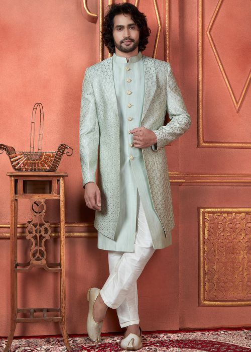 Light Pista Green Embroidered Indo Western Sherwani