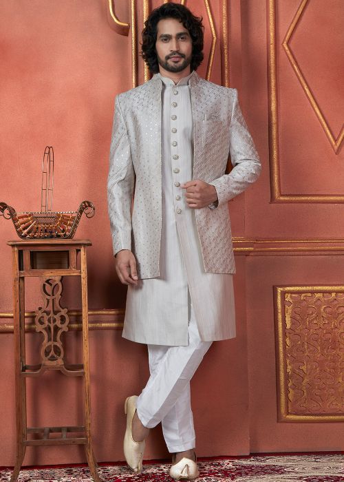 Grey Jacket Style Embroidered Indo Western Sherwani