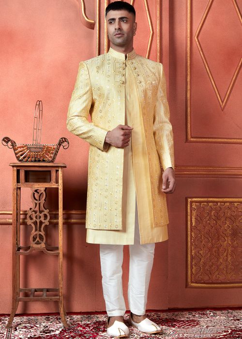 Yellow Embroidered Indo Western Sherwani For Men