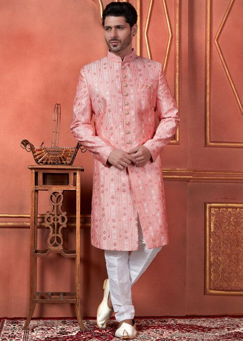 Pink Men Embroidered Sherwani Set