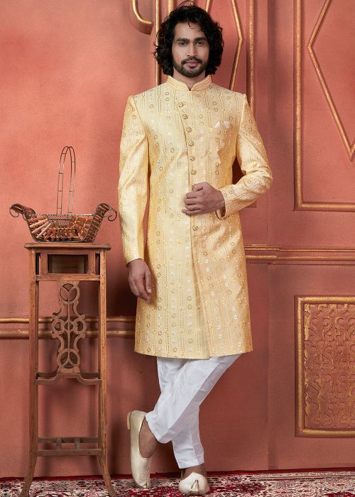 Readymade Yellow Embroidered Sherwani Set