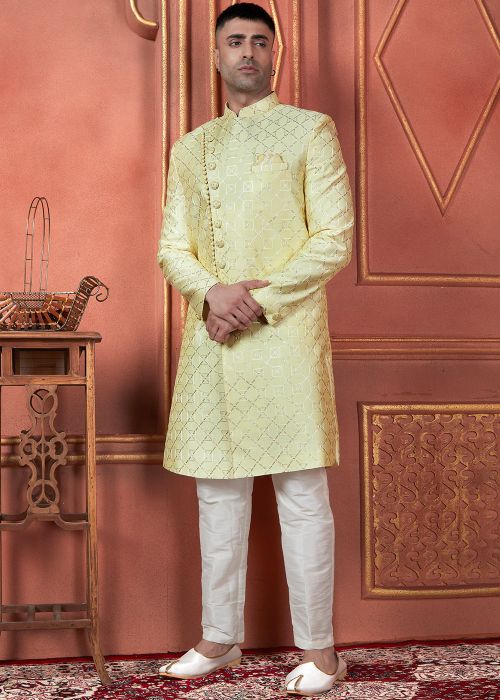 Yellow Embroidered Indo Western Sherwani