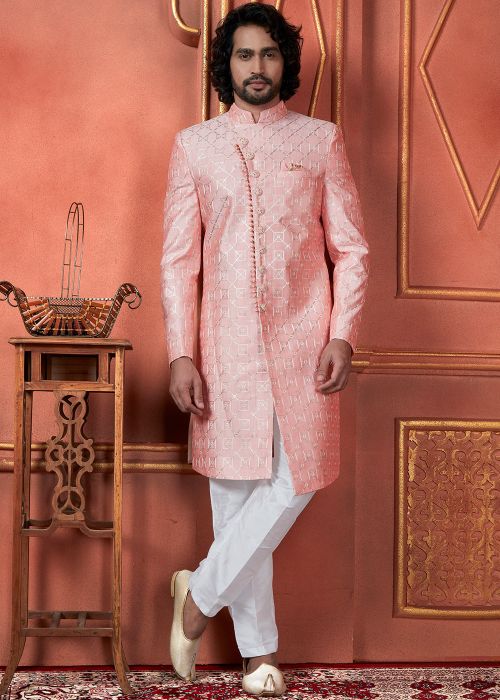 Pink Embroidered Men Indo Western Sherwani