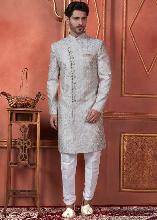 Grey Embroidered Men Indo Western Sherwani