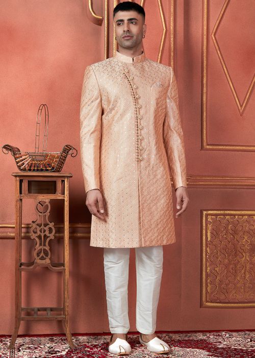 Light Orange Embroidered Men Indo Western Sherwani
