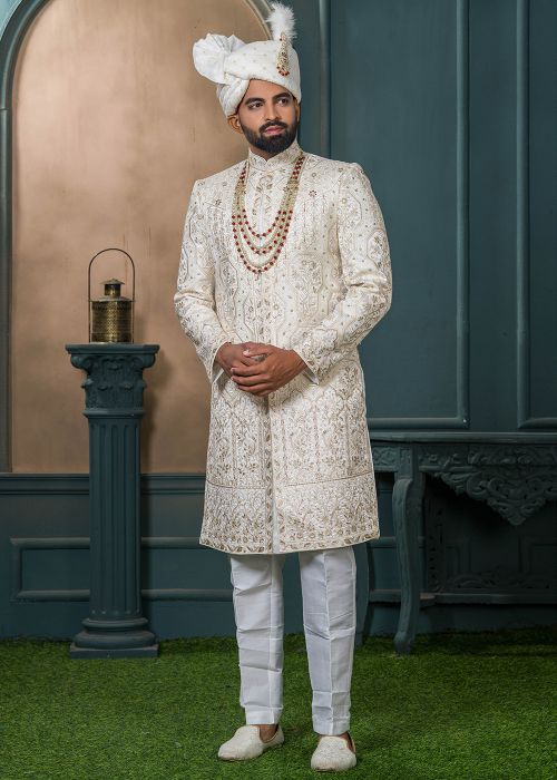 Cream Embroidered Men Sherwani
