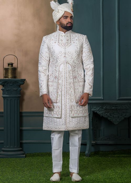 Off-White Embroidered Sherwani In Silk