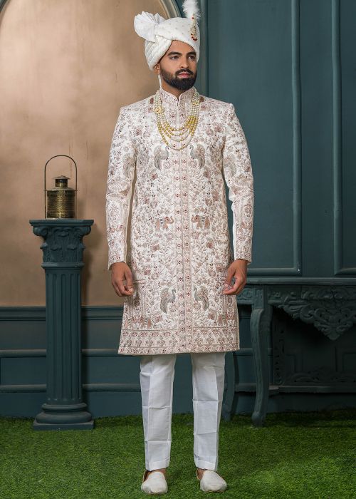 Cream Embroidered Men Sherwani