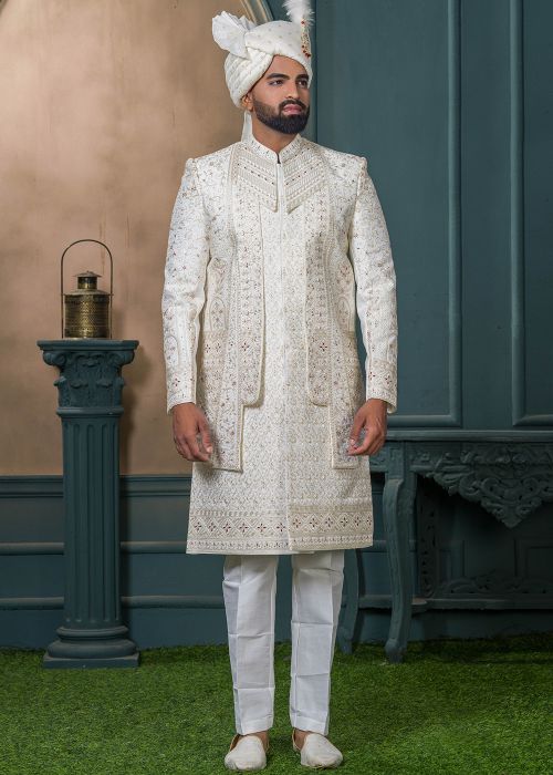 Off-White Embroidered Men Sherwani In Silk
