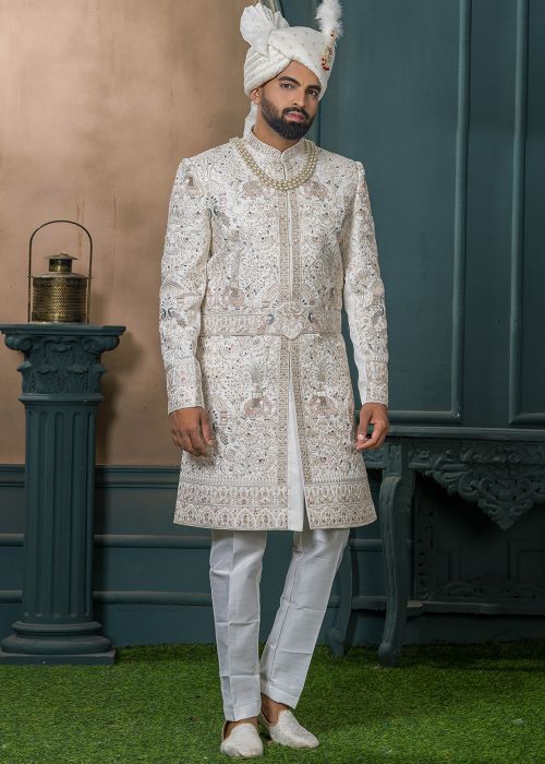 Off-White Men Embroidered Sherwani In Silk