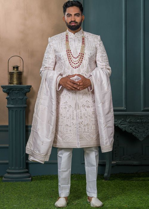 Off-White Embroidered Men Sherwani In Silk